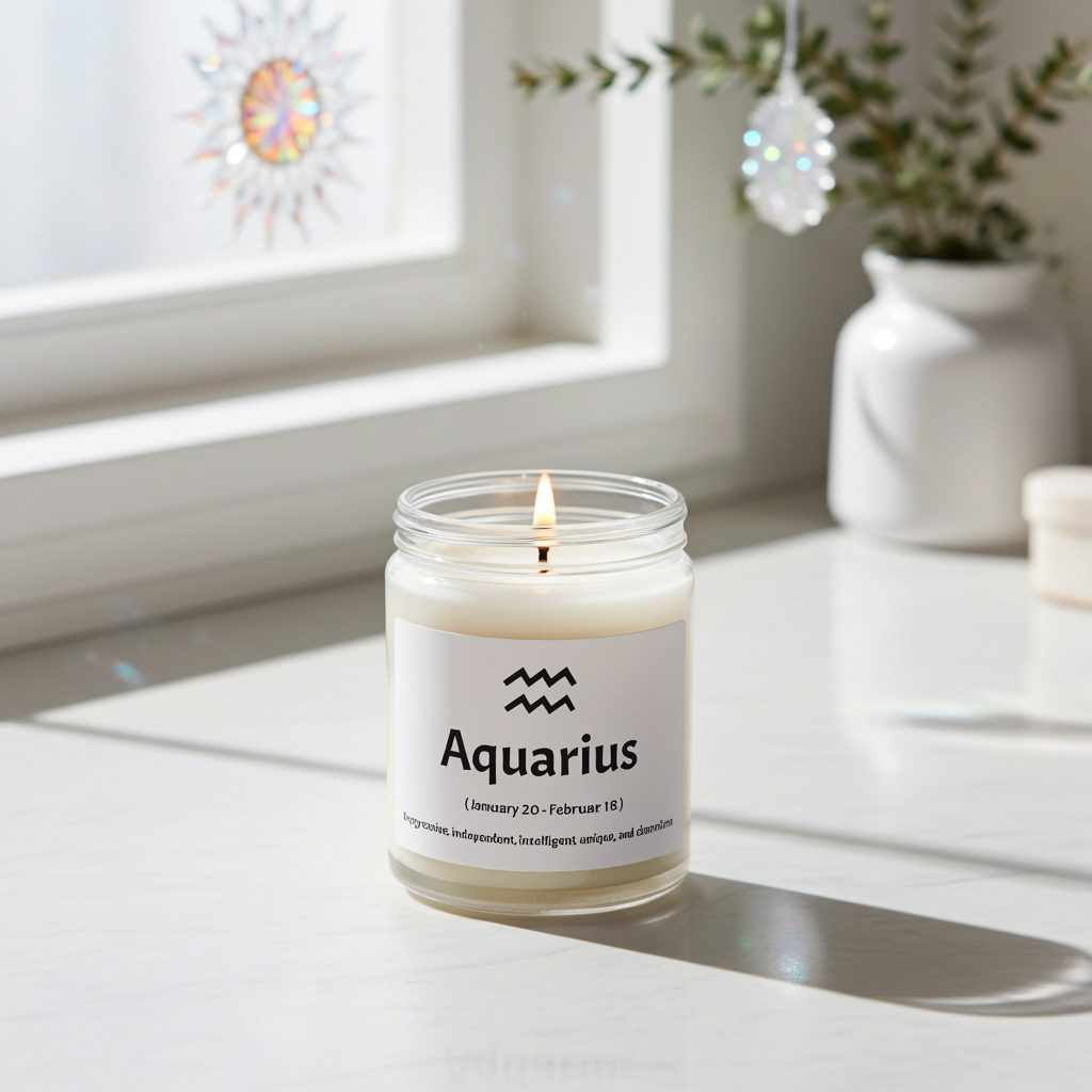 Candle labeled 'Aquarius' on a windowsill with decorative elements.