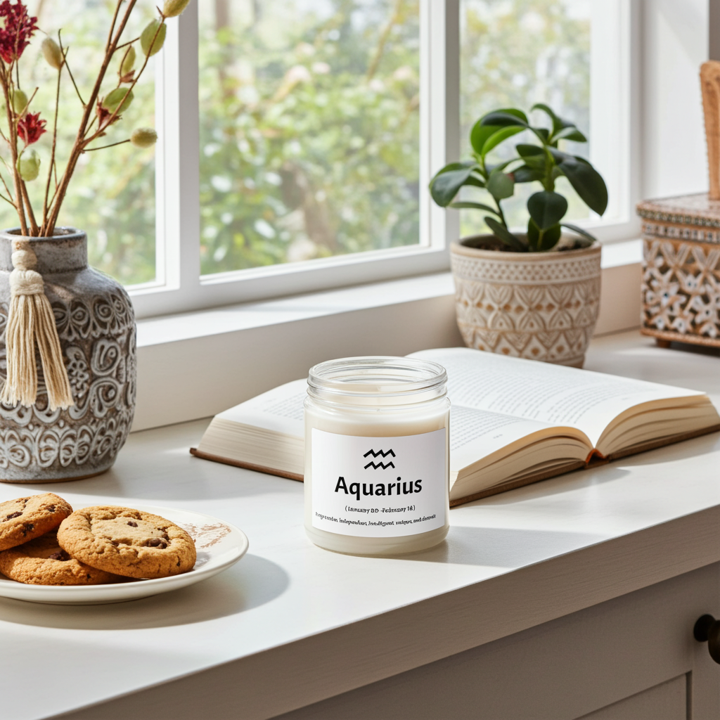 Candle labeled 'Aquarius' on a table with cookies, an open book, and plants.