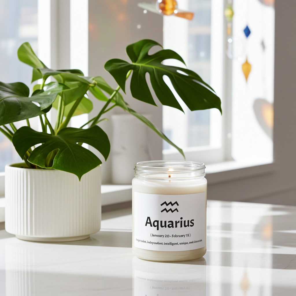 Candle labeled 'Aquarius' next to a plant on a windowsill