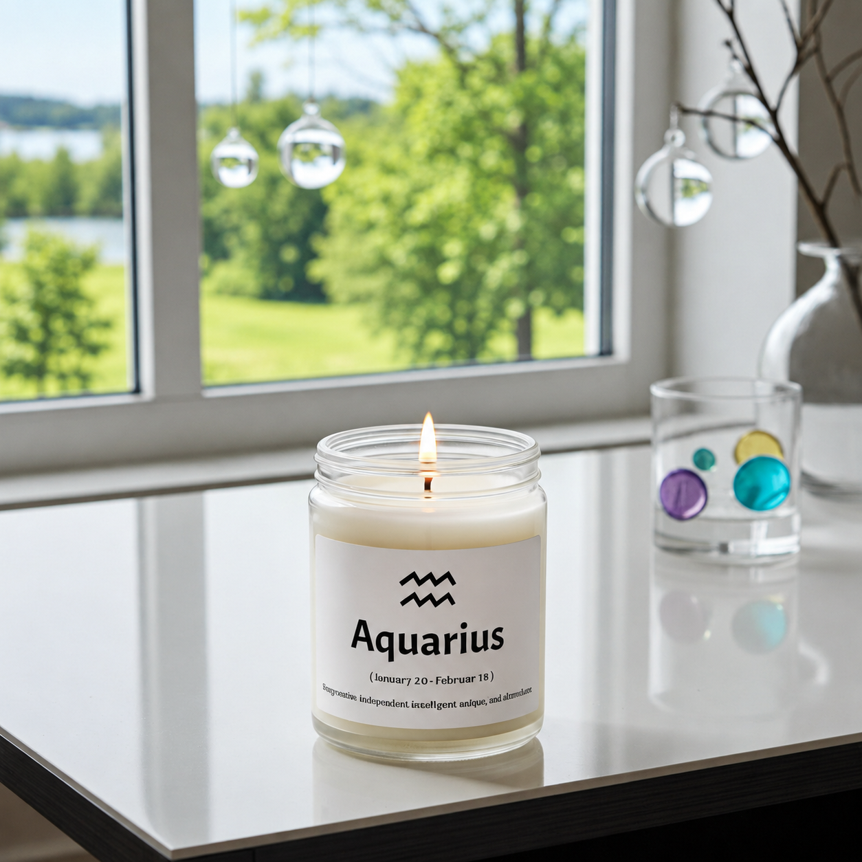A lit candle in a clear glass jar sits on a white tabletop near a window. The label reads 'Aquarius' with an Aquarius zodiac symbol, and the background shows a bright outdoor view through the window.