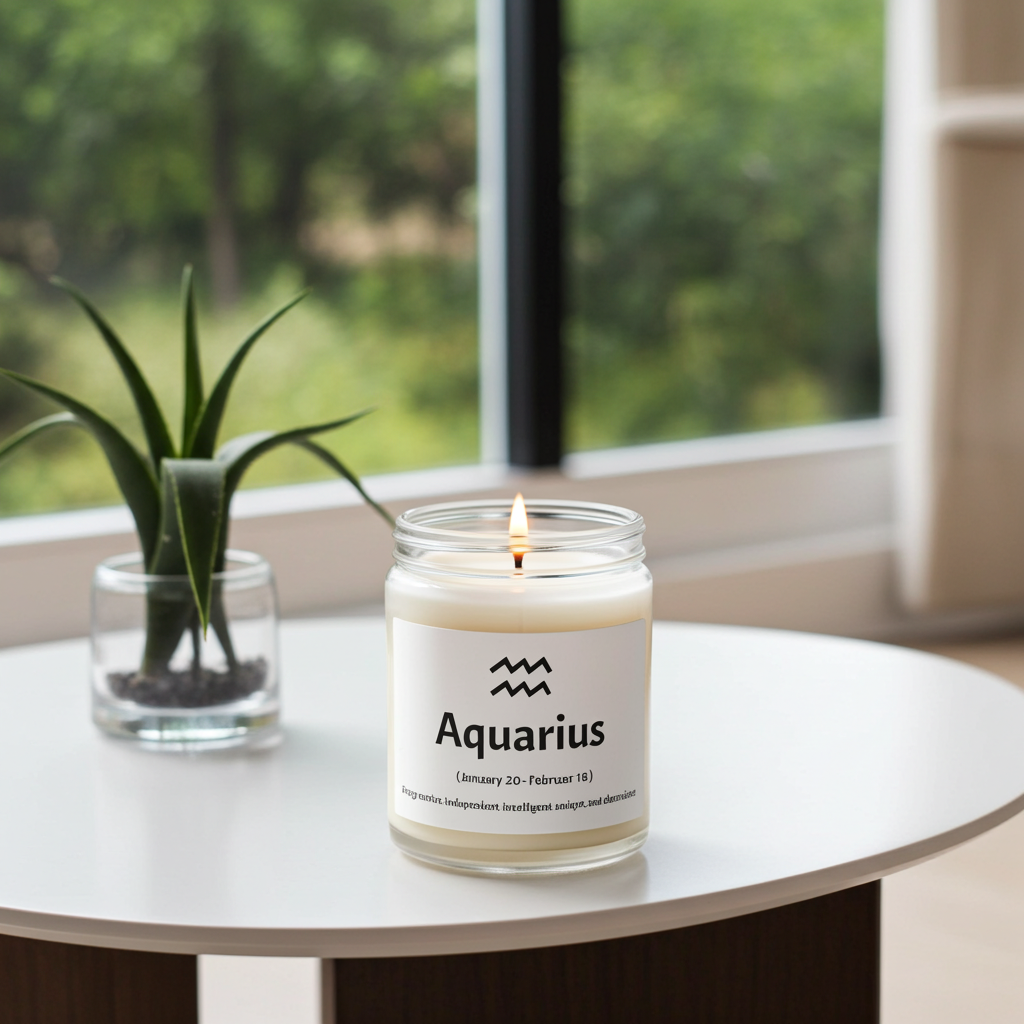 A lit white candle in a clear glass jar sits on a round white table near a window, with a small potted plant beside it. The label reads 'Aquarius' with a zodiac symbol and short descriptive text.