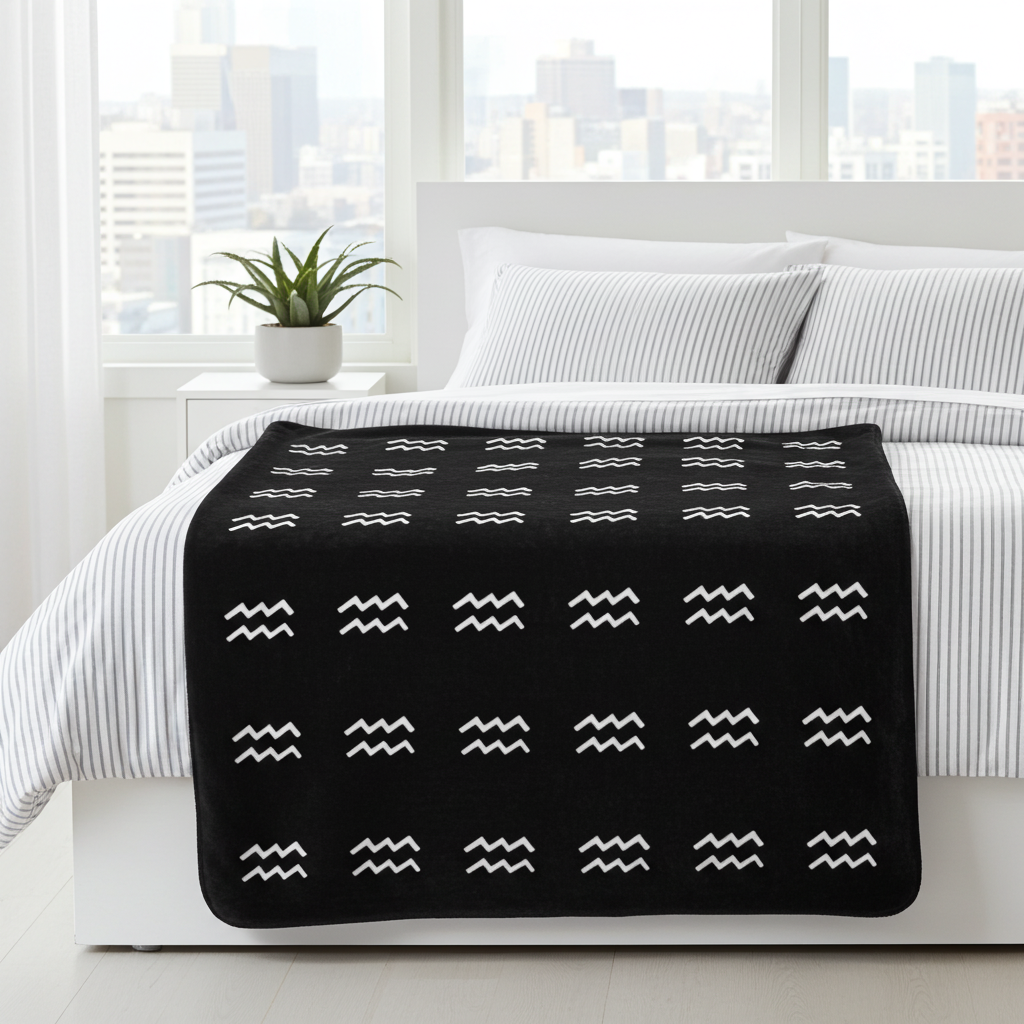Black blanket with white Aquarius patterns draped over a bed in a bright room with cityscape view.