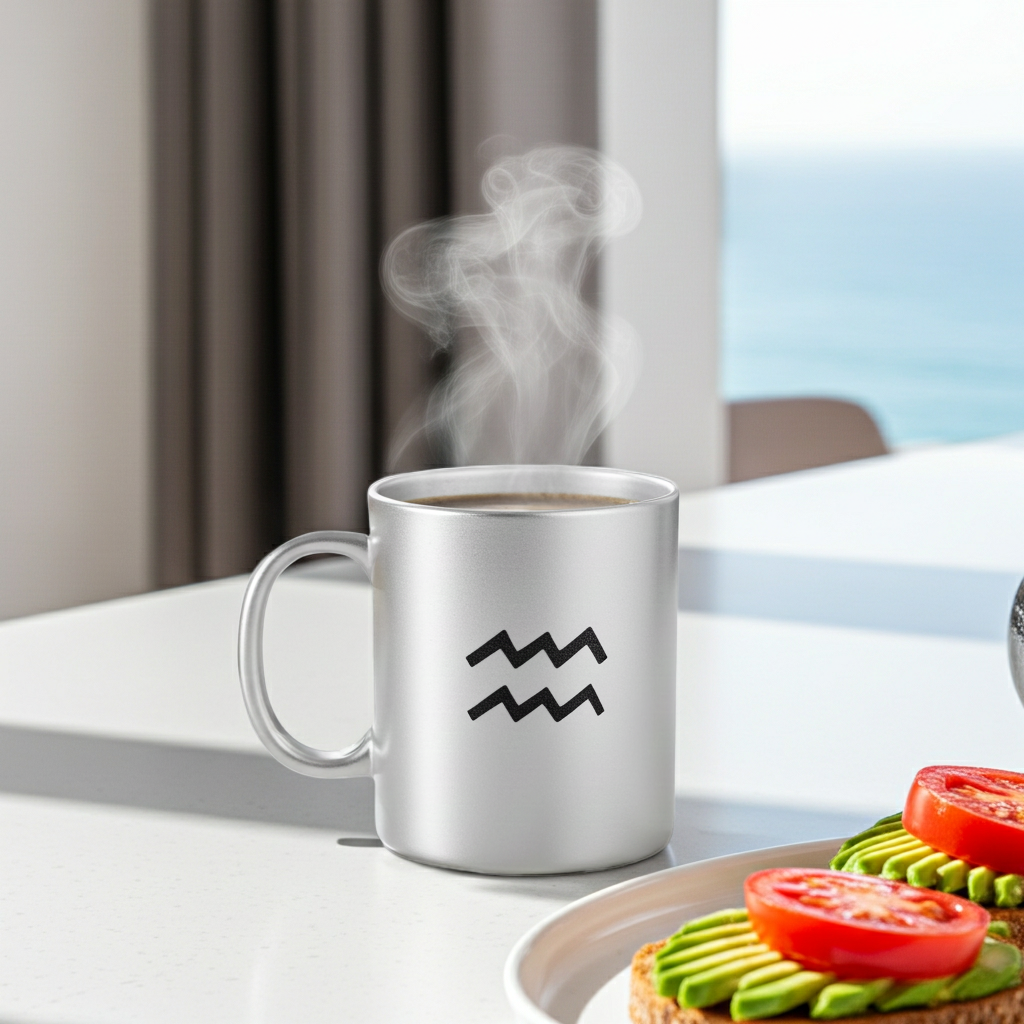 A silver aquarius mug filled with a hot beverage and emitting steam, placed on a white table in a bright indoor setting with a blurred ocean view in the background. 