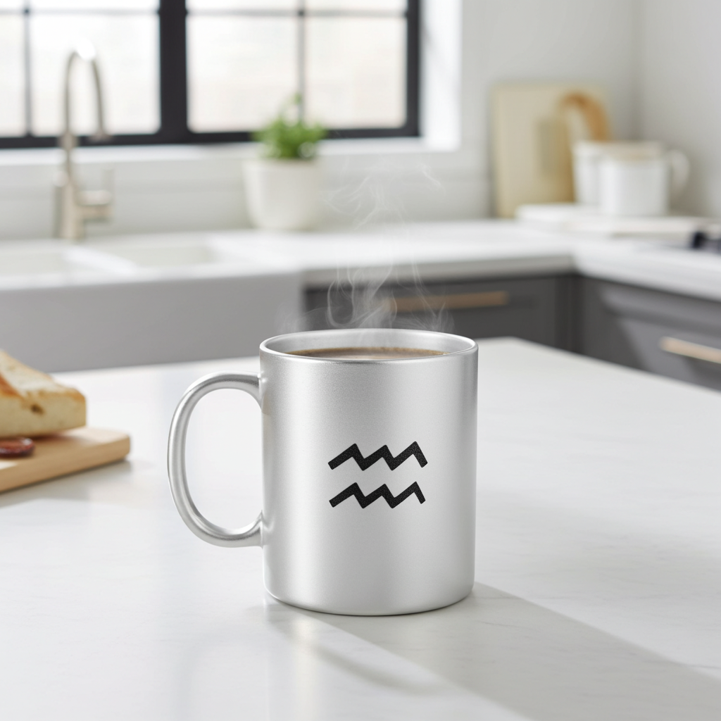 Silver mug with Aquarius symbol on a kitchen counter