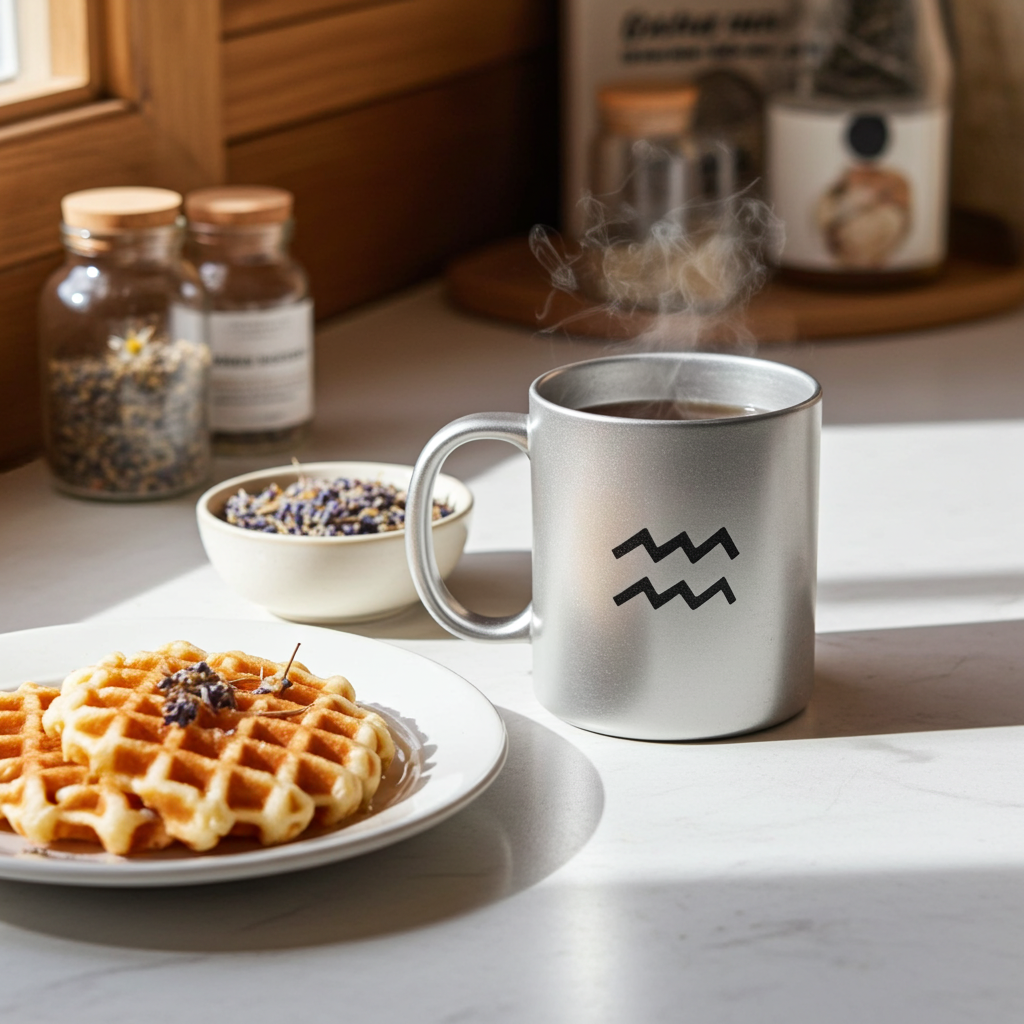 Silver mug with an Aquarius logo next to a waffle on a marble surface.