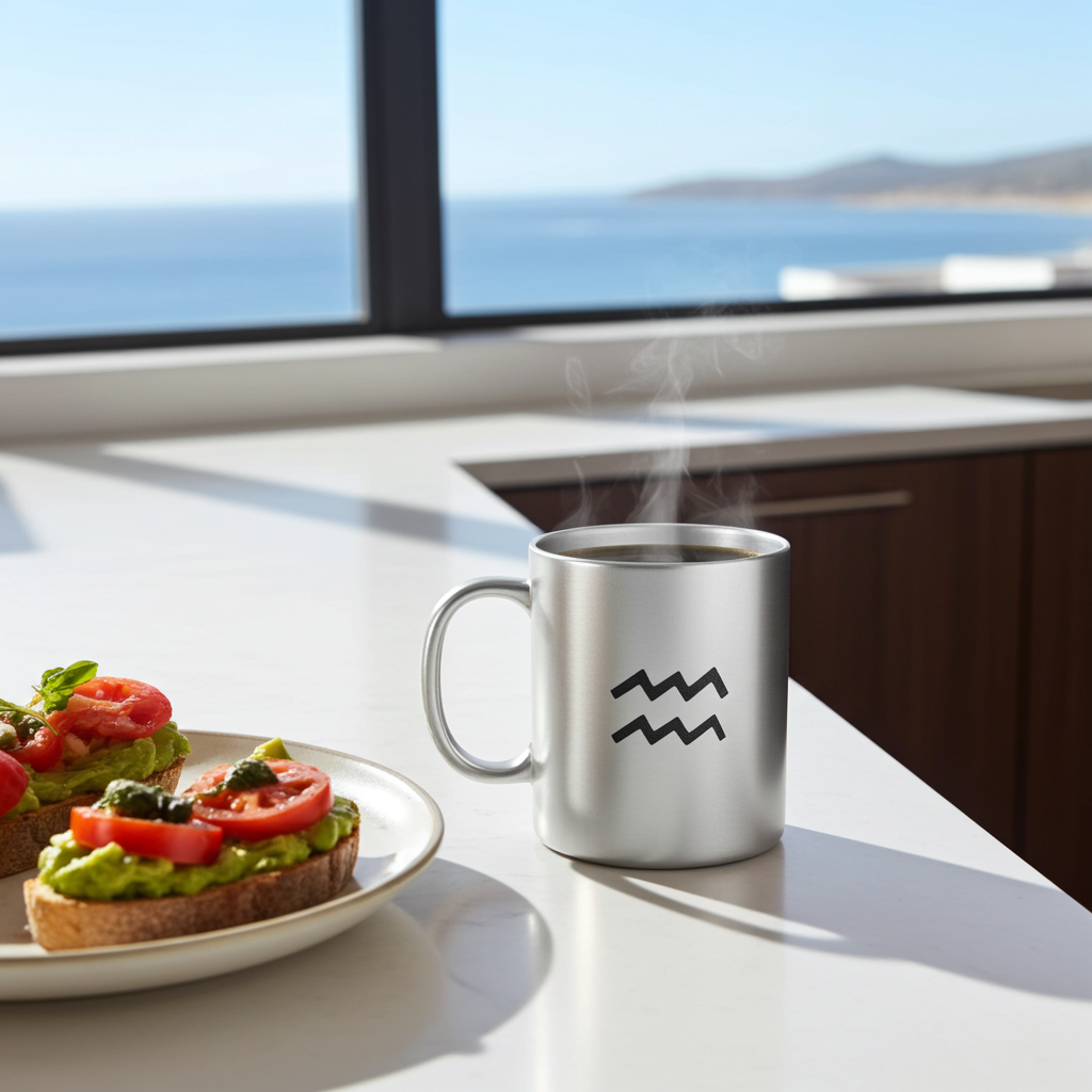 A silver metal coffee mug with a black aquarius symbol sits on a white kitchen counter next to avocado toast with tomatoes. A large window behind shows the ocean view.
