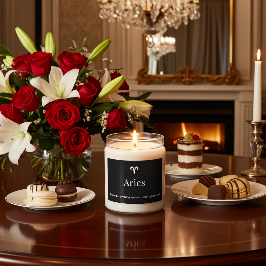 Candle with 'Aries' label on a table with flowers and desserts in a luxurious room.