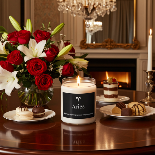 Candle with 'Aries' label on a table with flowers and desserts in a luxurious room.