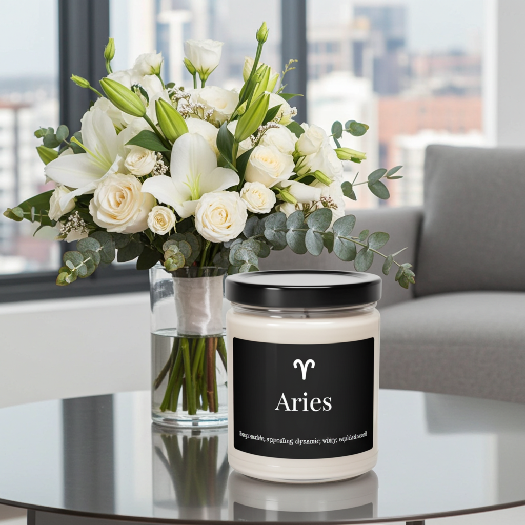Candle labeled 'Aries' with a bouquet of white flowers on a glass table.