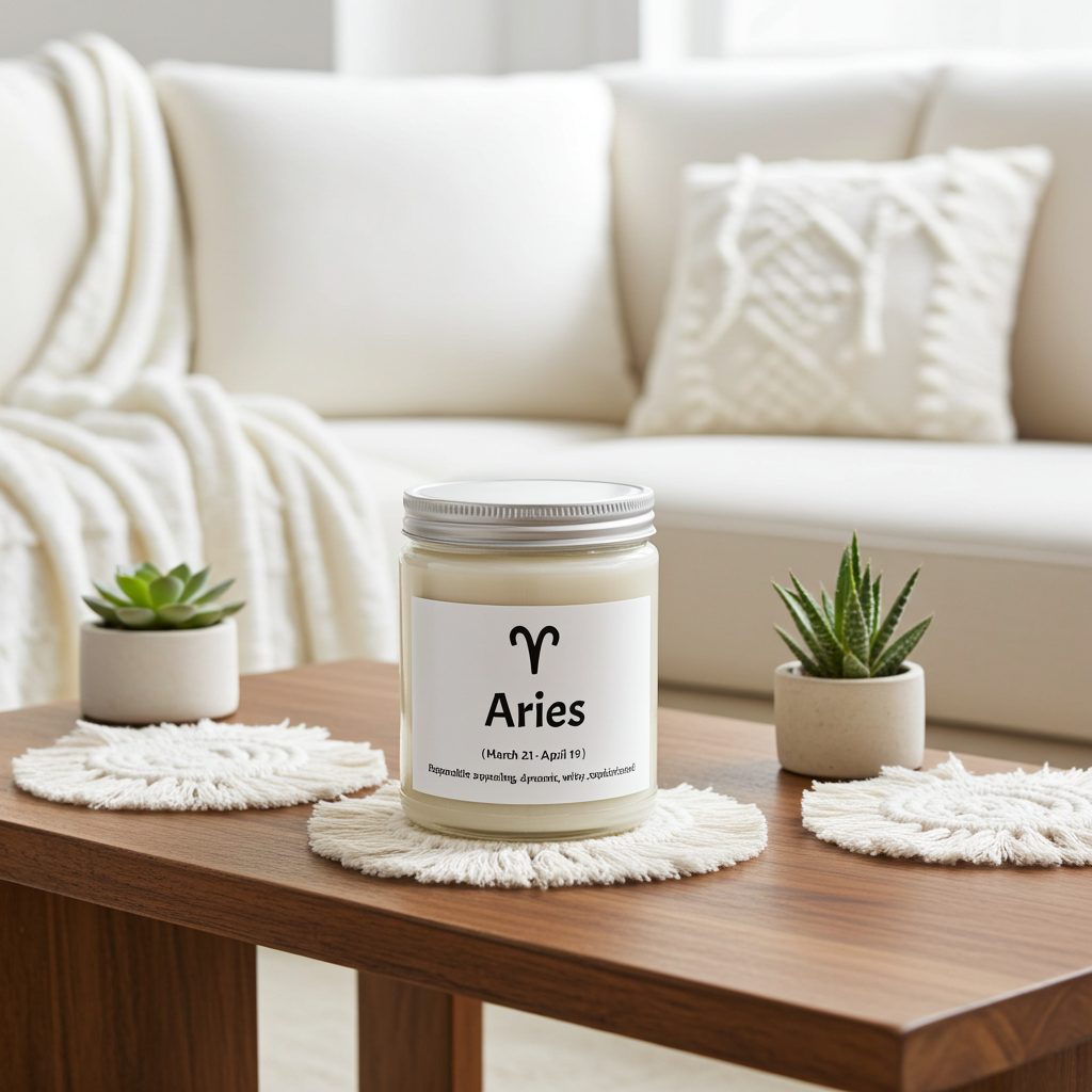 Candle labeled 'Aries' on a coffee table with decorative elements