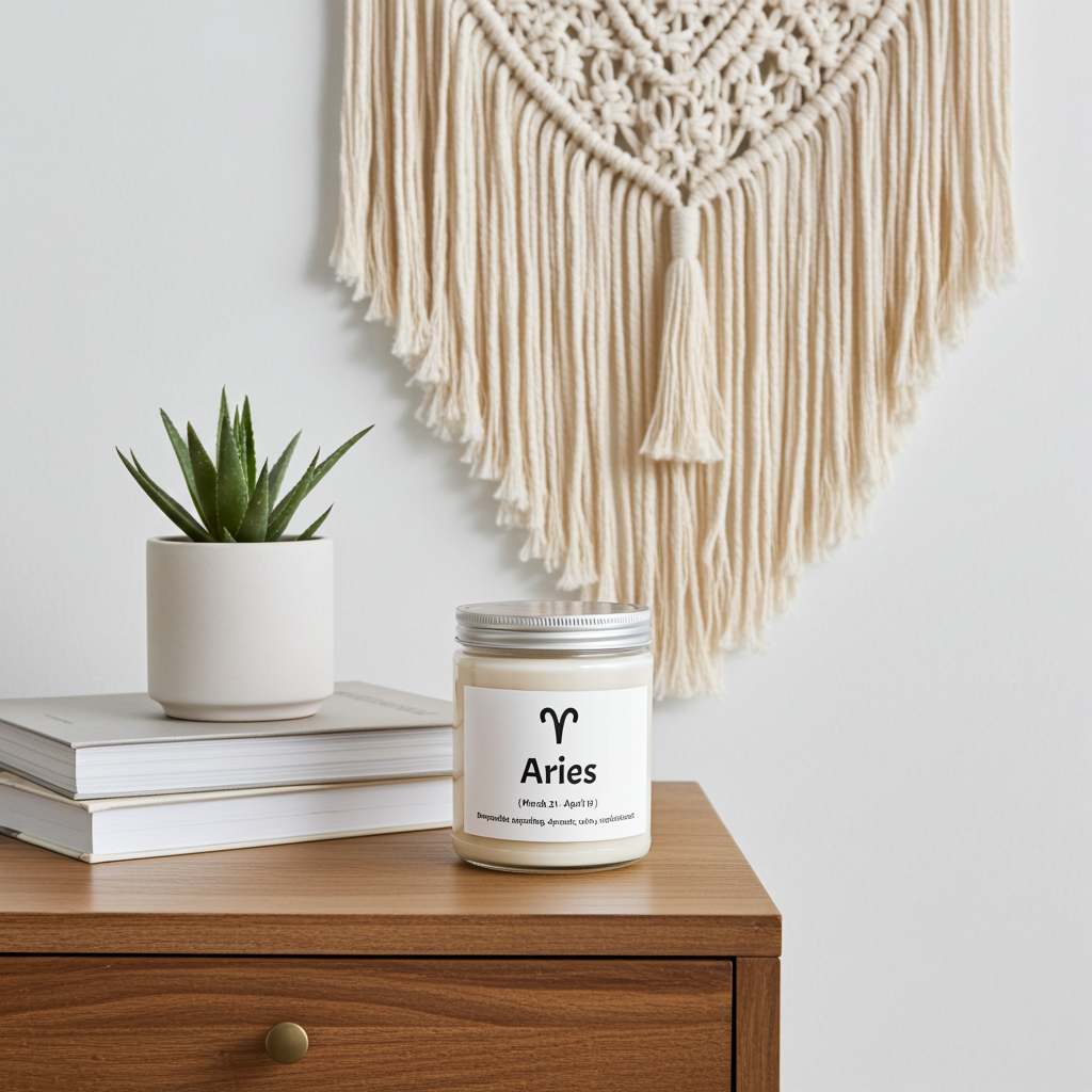Candle labeled 'Aries' on a wooden surface with a plant and books in the background