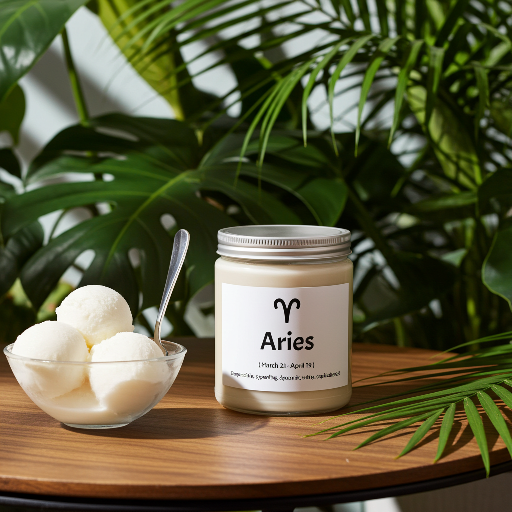 Aries Candle on a table next to a bowl of white gelato and tropical plants.