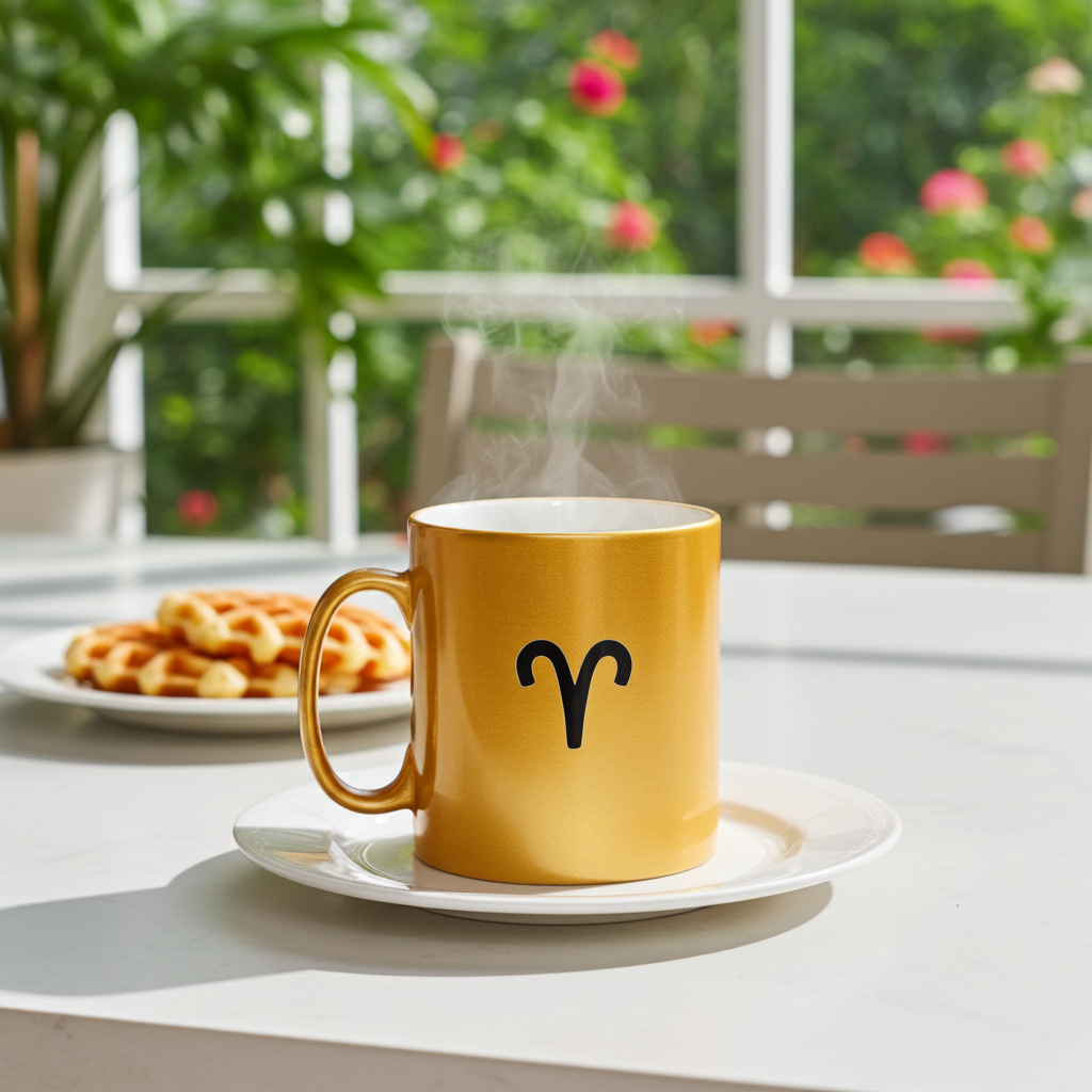 A yellow ceramic coffee mug with a black Aries zodiac symbol on the front, sitting on a white saucer on a table. Steam rises from the mug, with a plate of waffles and a blurred garden background.