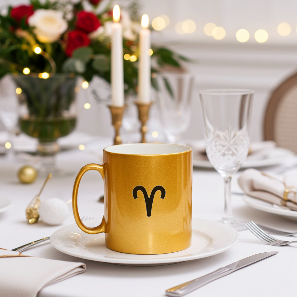 Gold mug with an Aries symbol on a table setting with candles and flowers.