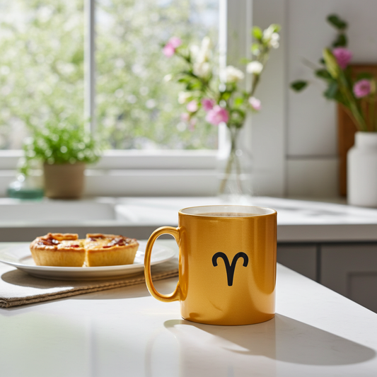 Gold mug with an Aries symbol on a kitchen counter with a pie and flowers in the background.