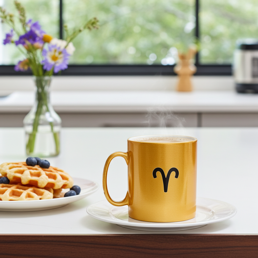 A shiny gold ceramic mug with a black Aries zodiac symbol on the front, sitting on a white saucer on a kitchen counter next to a plate of waffles and blueberries.