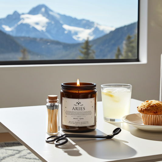 Candle labeled 'ARIES' on a table with a scenic mountain view in the background