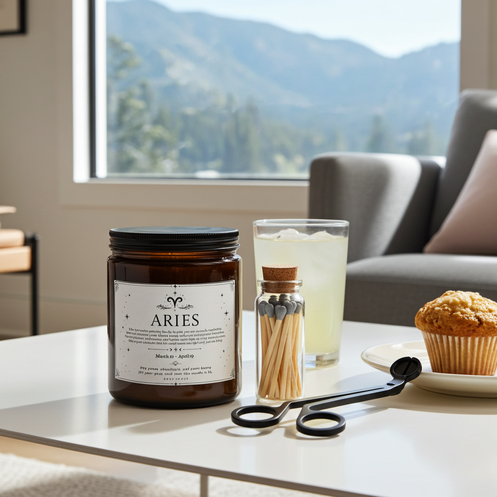 Candle labeled 'ARIES' on a table with a scenic view through a window.