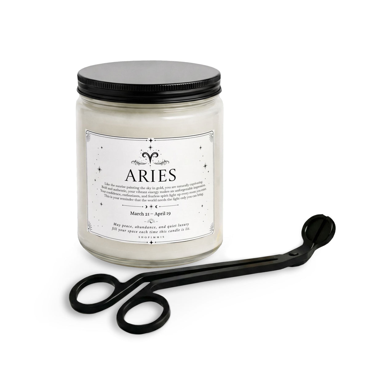 A glass jar candle with a black metal lid and cream-colored wax, labeled 'Solid Home Sea Salt + Orchid', shown alongside a black metal candle lifter tool on a clean white background.