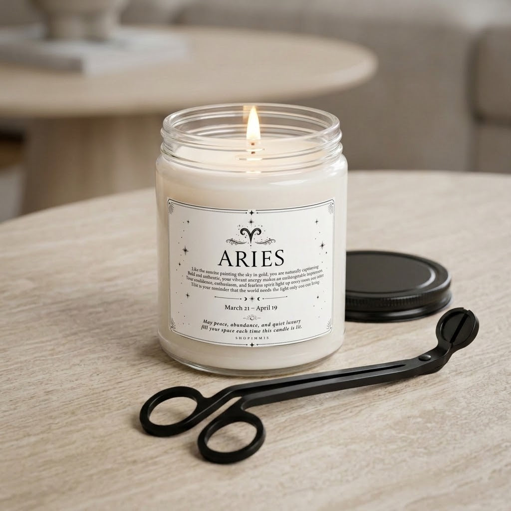 A lit Aries scented candle in a clear glass jar sits on a light wood table, with its black lid and black metal tongs placed beside it. The background shows a softly blurred indoor setting.