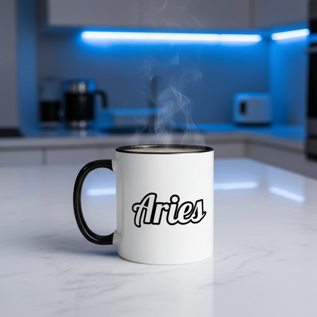 White mug with 'Aries' text on a kitchen counter with steam rising