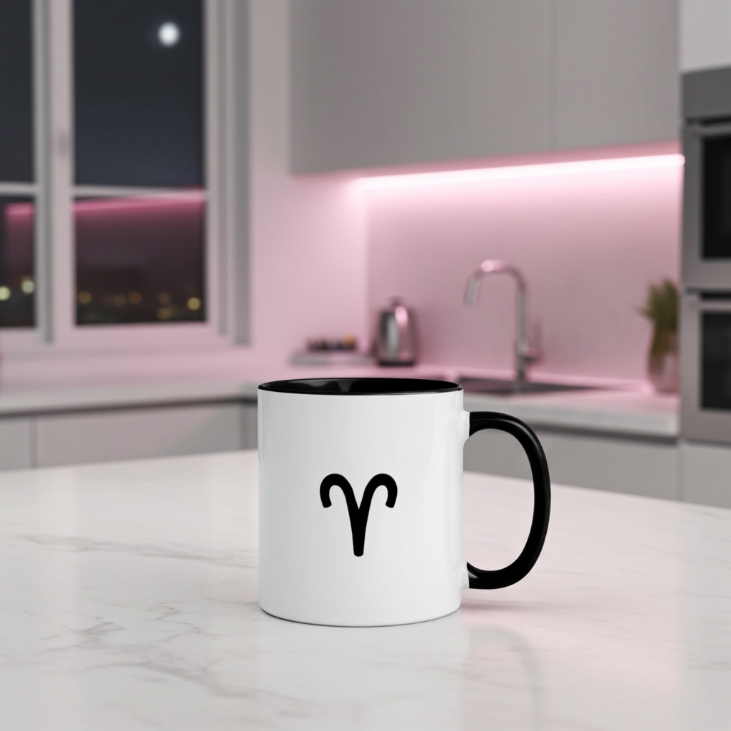 White mug with black handle and Aries symbol on a kitchen counter