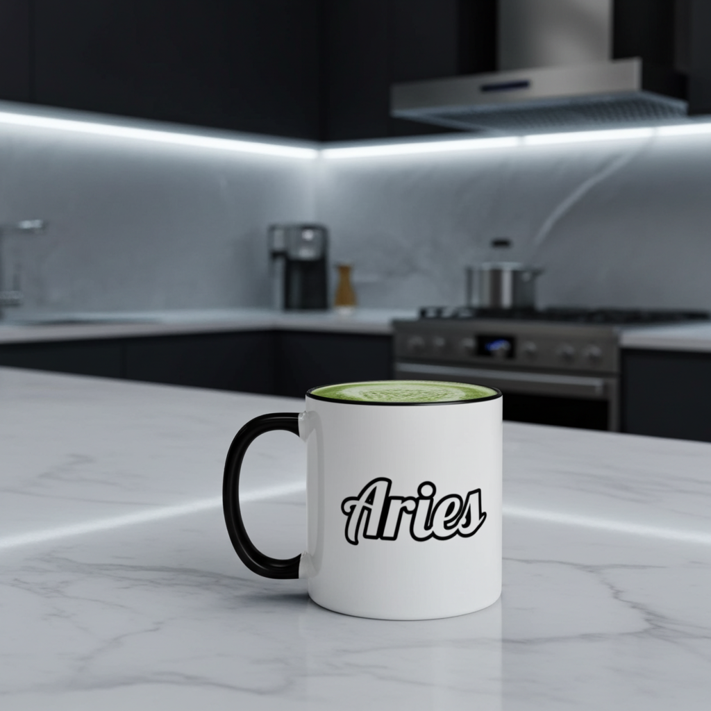 White mug with black handle and 'Aries' text on a kitchen counter