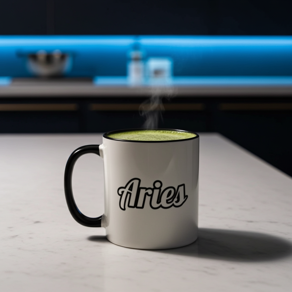 Mug with 'Aries' branding containing a green beverage on a marble surface.