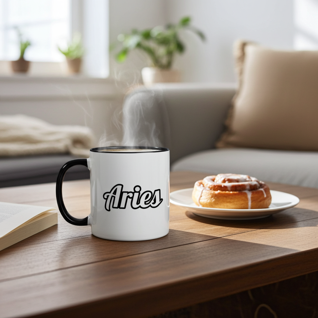 Steaming mug with 'Aries' on a table next to a cinnamon roll in a cozy living room.