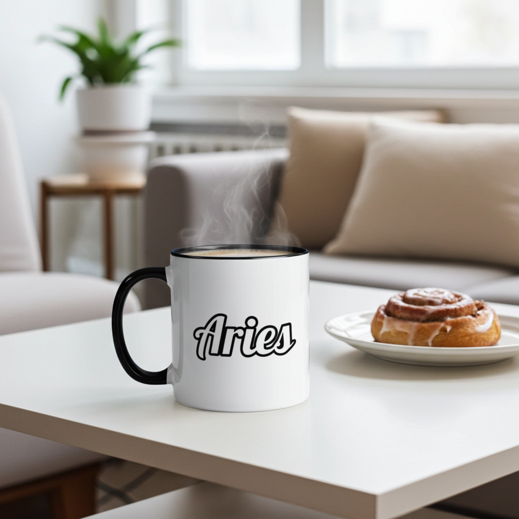 Mug with 'Aries' on a table in a living room setting