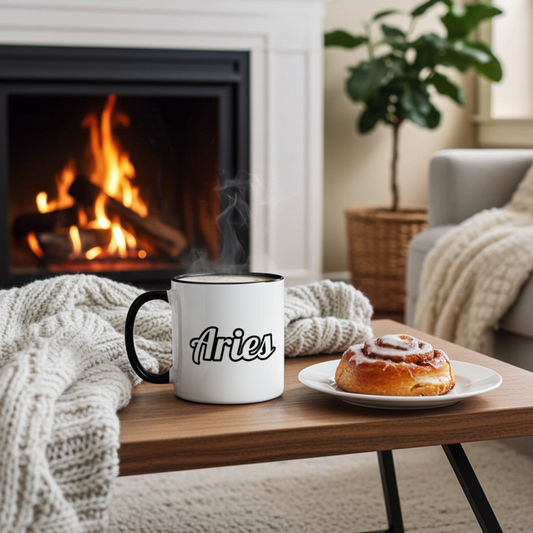 Mug with 'Aries' on a table in front of a fireplace with a cinnamon roll.