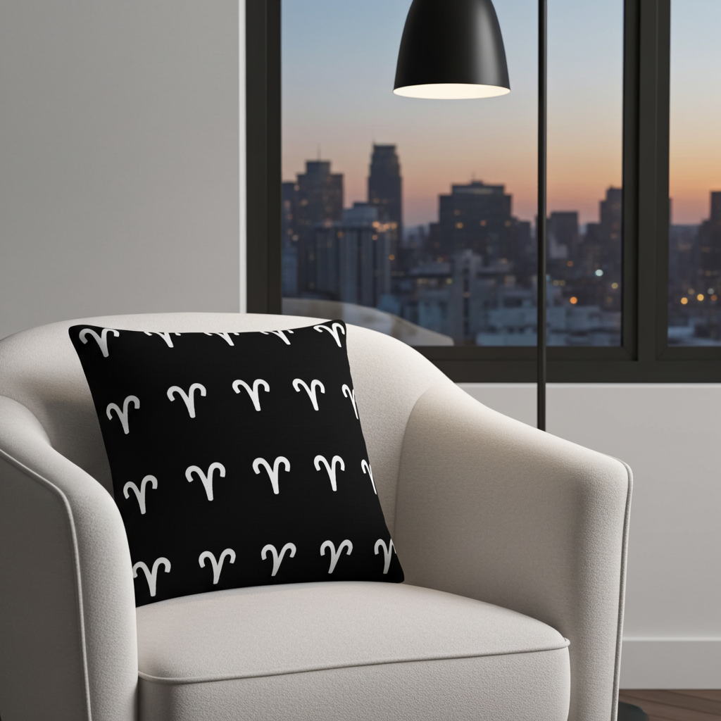 Black pillow with white patterns on a white armchair in a room with a cityscape view.