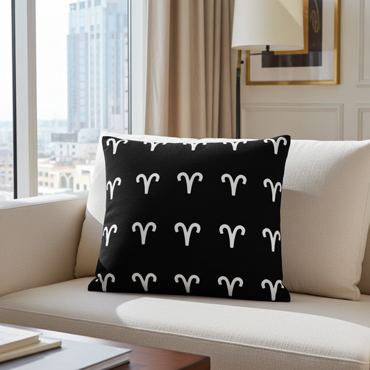 Black pillow with white Aries patterns on a beige sofa in a living room.