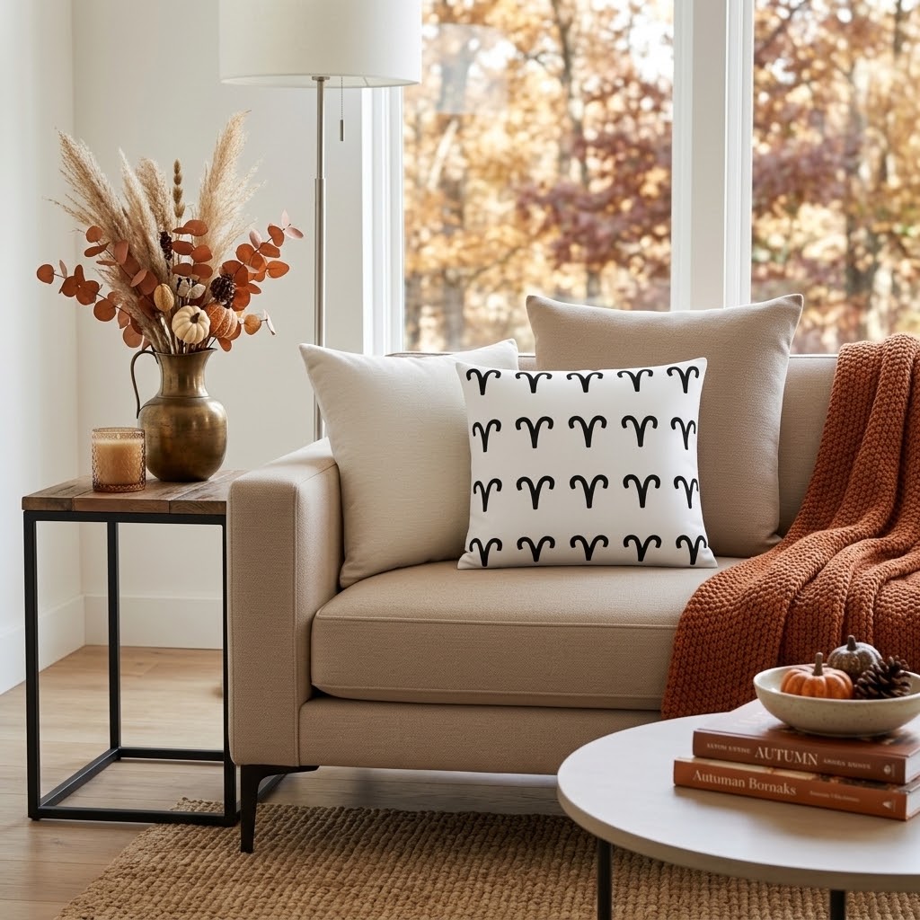 A beige sofa in a bright living room with a white throw pillow featuring a black Aries pattern, styled with a rust-orange knit throw blanket, a side table with dried grasses, and a round coffee table.