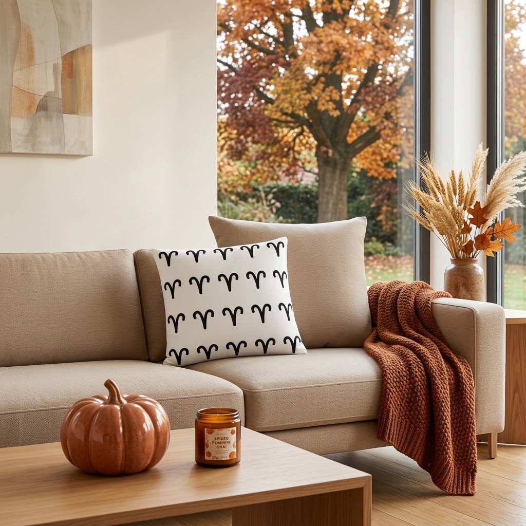 A styled living room scene featuring a beige sofa with a white throw pillow printed with a black Aries pattern, a rust-colored knit throw blanket, and a wooden coffee table in front.