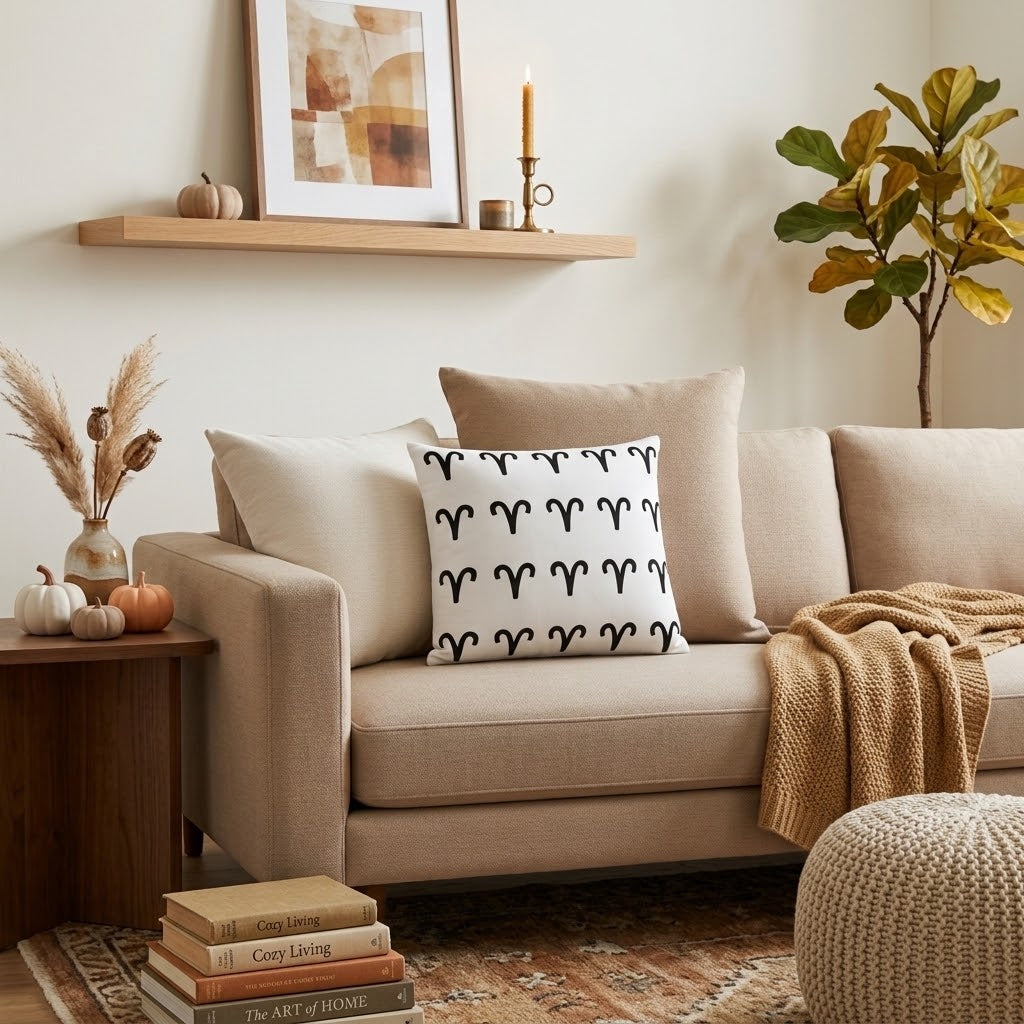 A styled living room scene featuring a beige upholstered sofa with a black Aries pattern throw pillow, a tan knit throw blanket, a wooden side table with fall decor, a framed print on a floating shelf, and a potted plant.