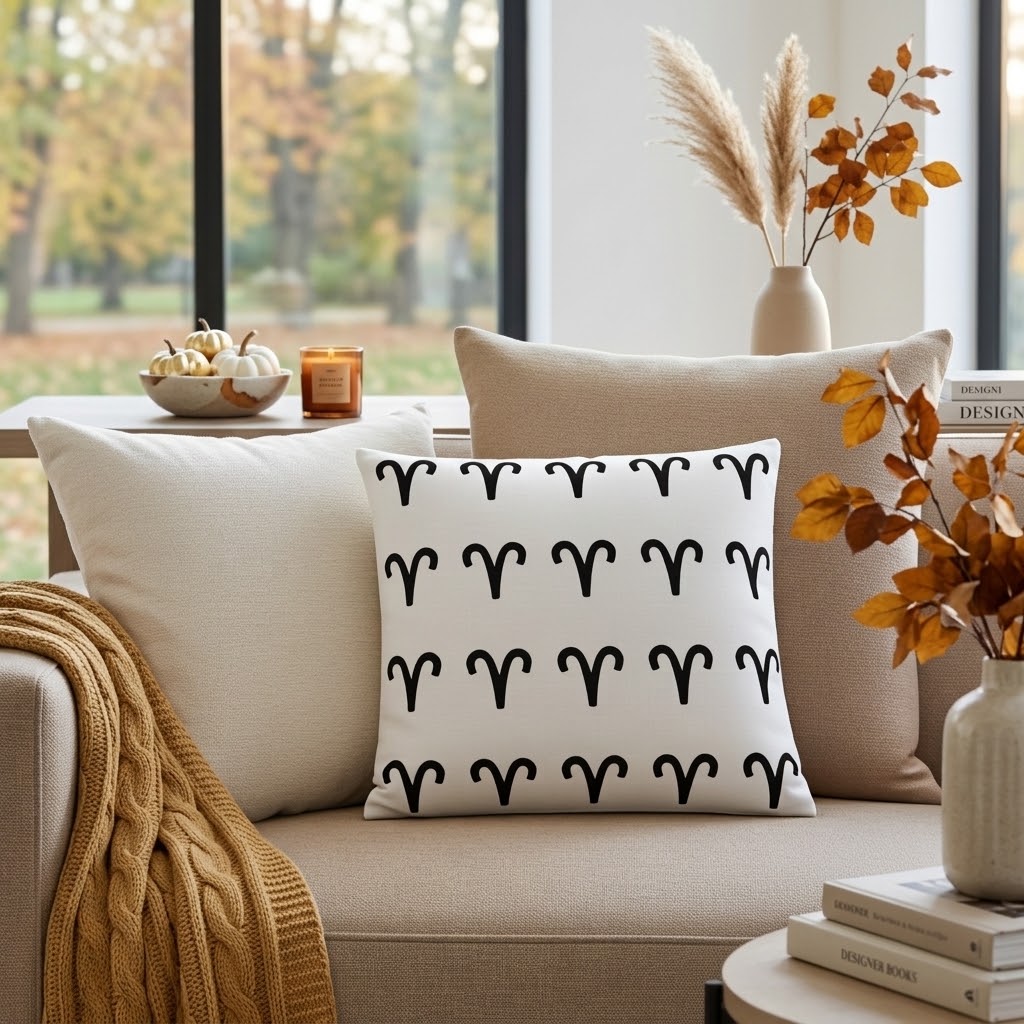 A square throw pillow with a black Aries pattern on a white background, styled on a beige sofa in a cozy living room setting.