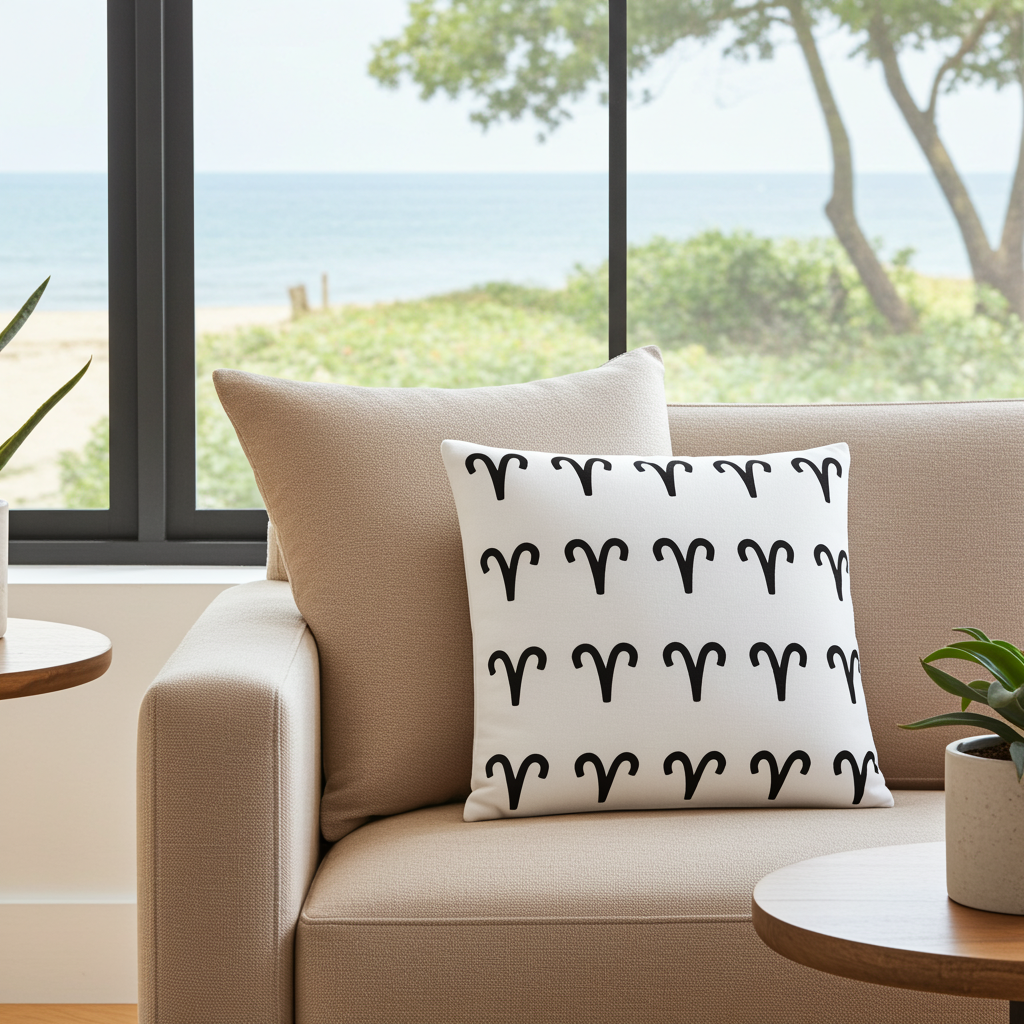 A square white throw pillow with a black Aries symbol pattern, styled on a beige sofa in front of a window with a beach view.
