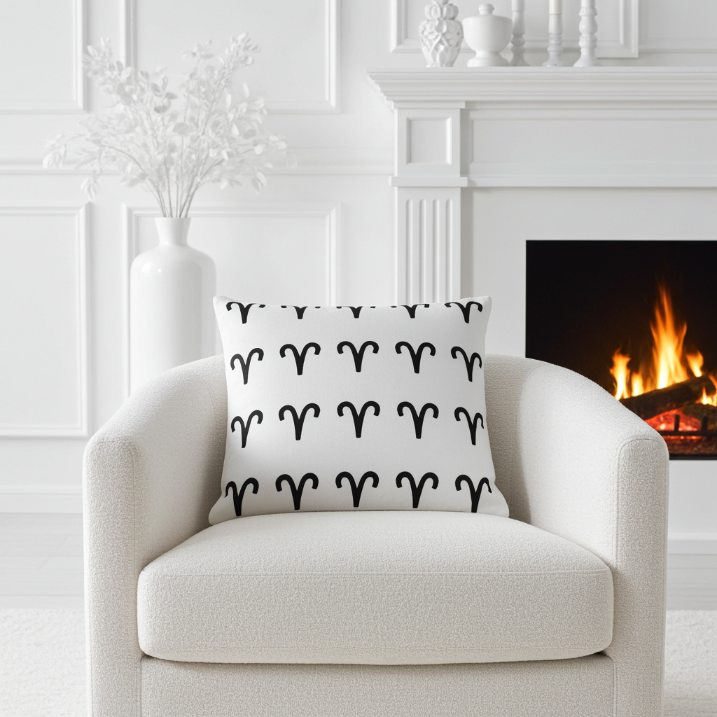 White armchair with a decorative pillow featuring black Aries patterns, placed in a room with a fireplace.