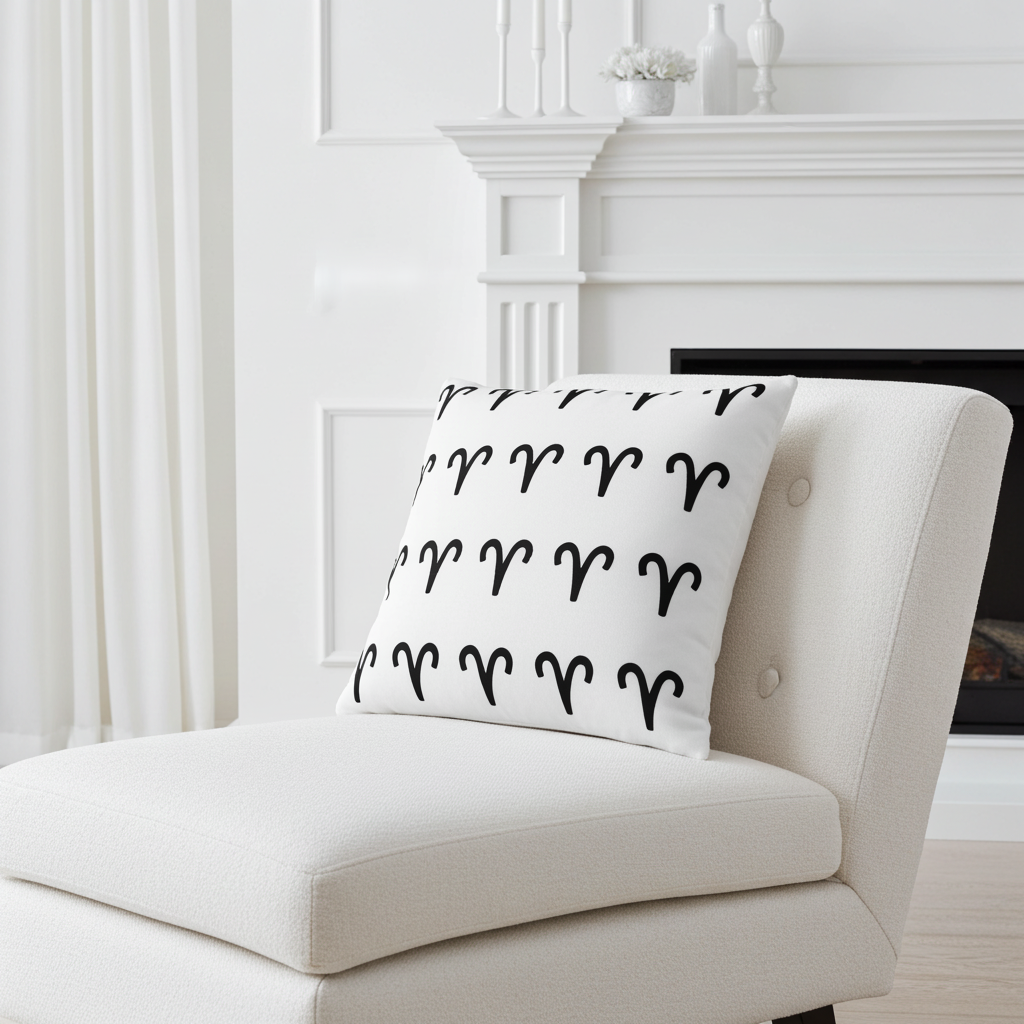 White armchair with a decorative pillow featuring black Aries patterns in a living room setting.