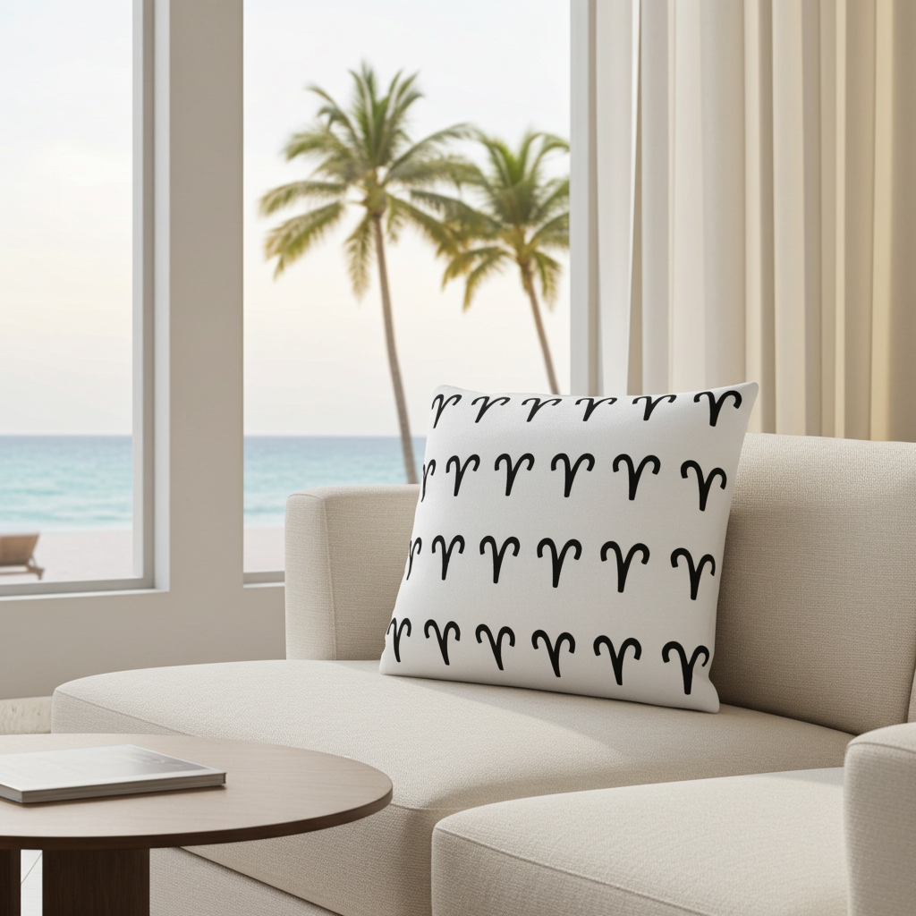 Decorative pillow with black Aries patterns on a beige sofa in a room with large windows showing palm trees and ocean.