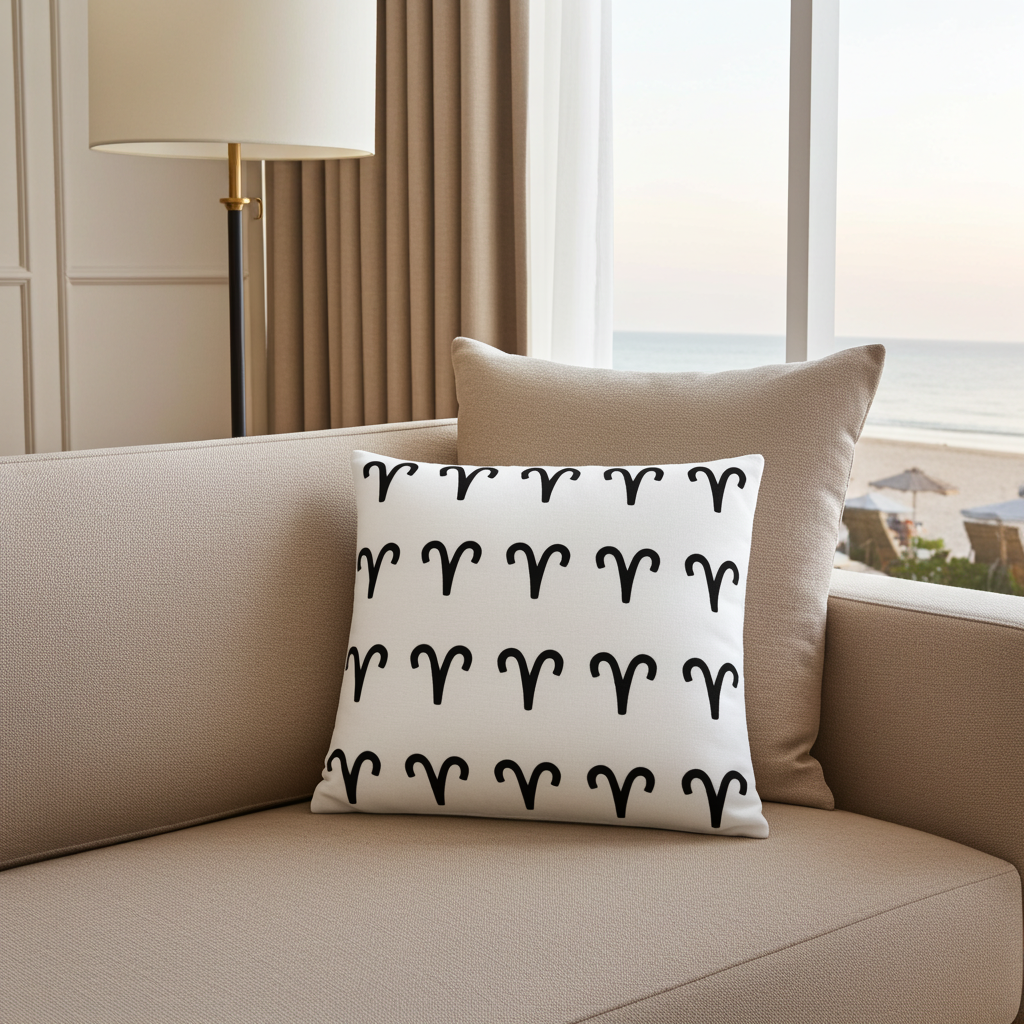 Decorative pillow with aries symbol pattern on a beige sofa near a window.