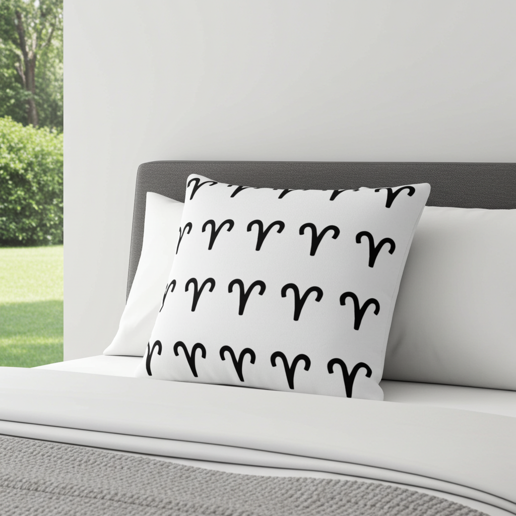 Decorative pillow with black Aries patterns on a white background on a bed.