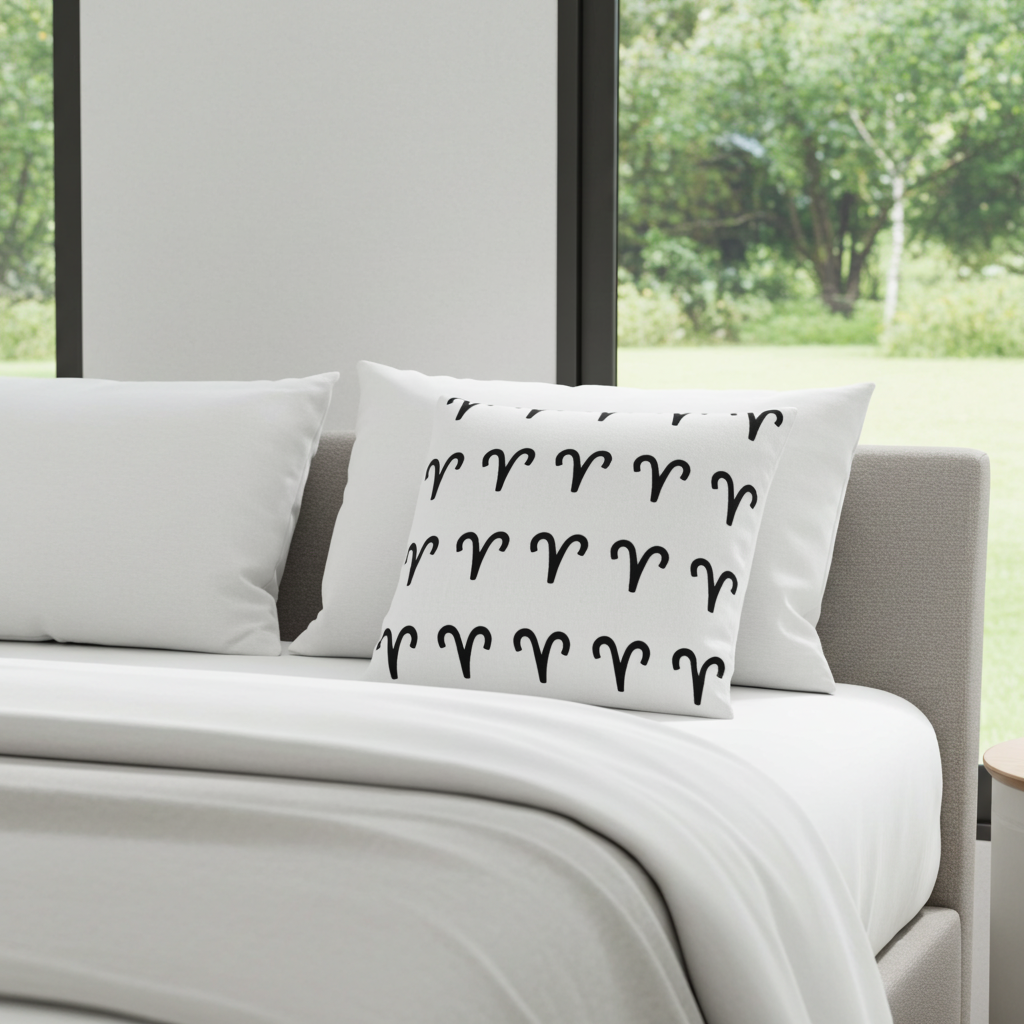 White pillow with black Aries pattern on a bed in a room with large windows.