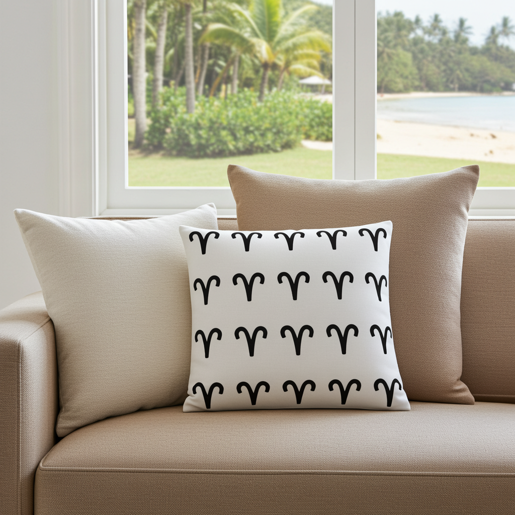 A square throw pillow with a black Aries zodiac symbol pattern on a white background, styled on a beige sofa in front of a window overlooking a tropical beach.