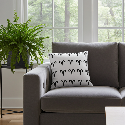 A square throw pillow with a black ram (Aries) zodiac symbol pattern on a white background, styled on a gray sofa next to a potted fern in a bright room.