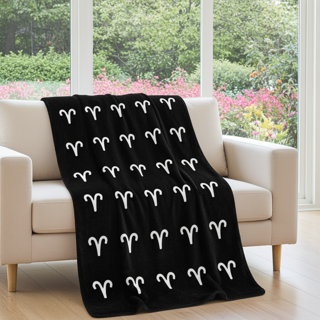 Black blanket with white Aries patterns draped over a beige sofa in a room with large windows showing greenery outside.
