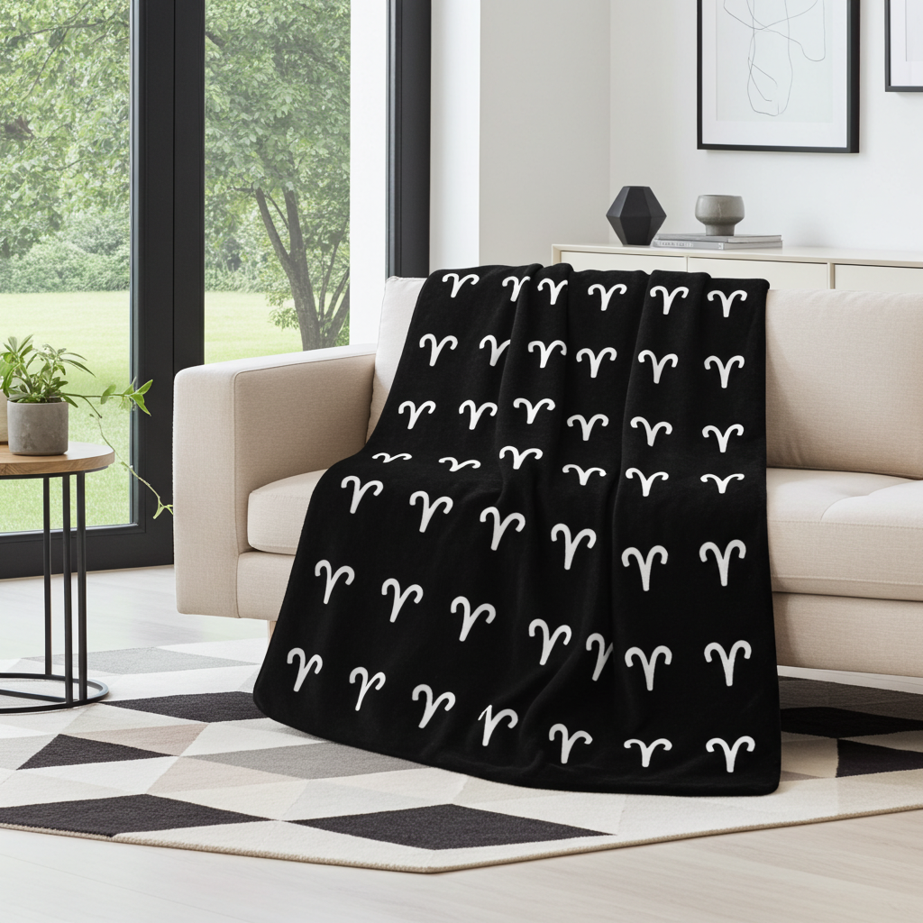 Black blanket with white Aries patterns draped over a beige sofa in a living room.