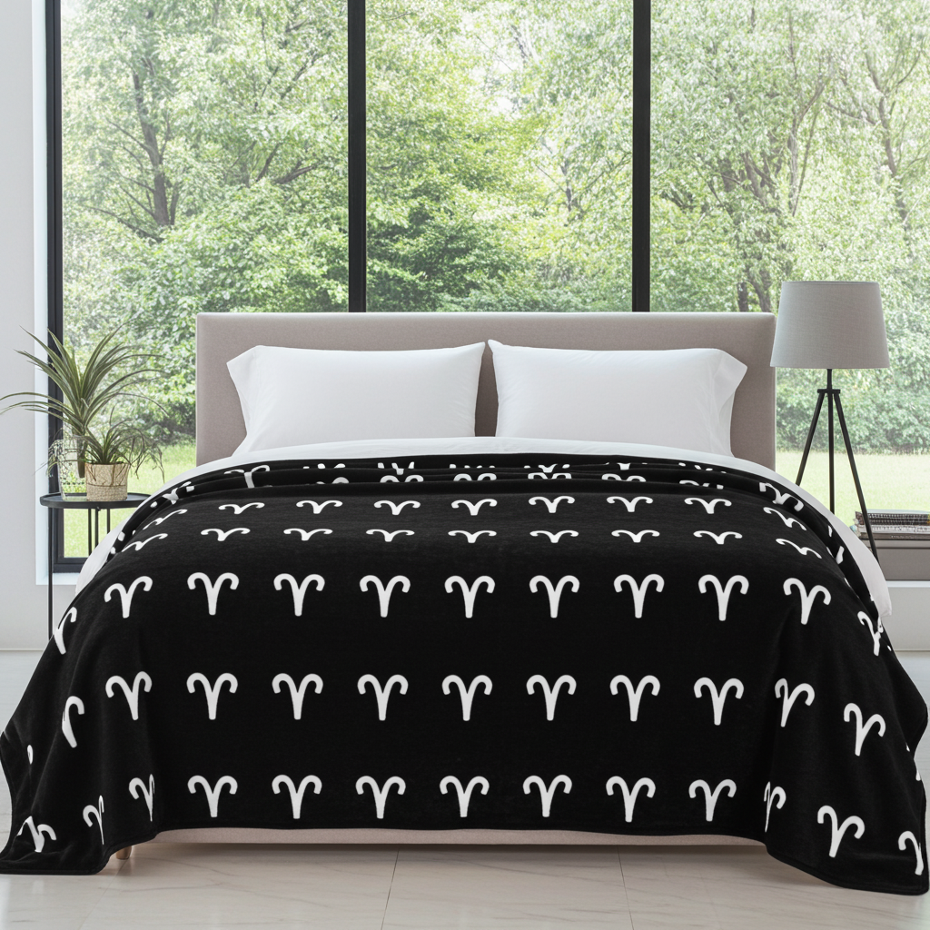 Black blanket with white Aries patterns on a bed in a bright bedroom