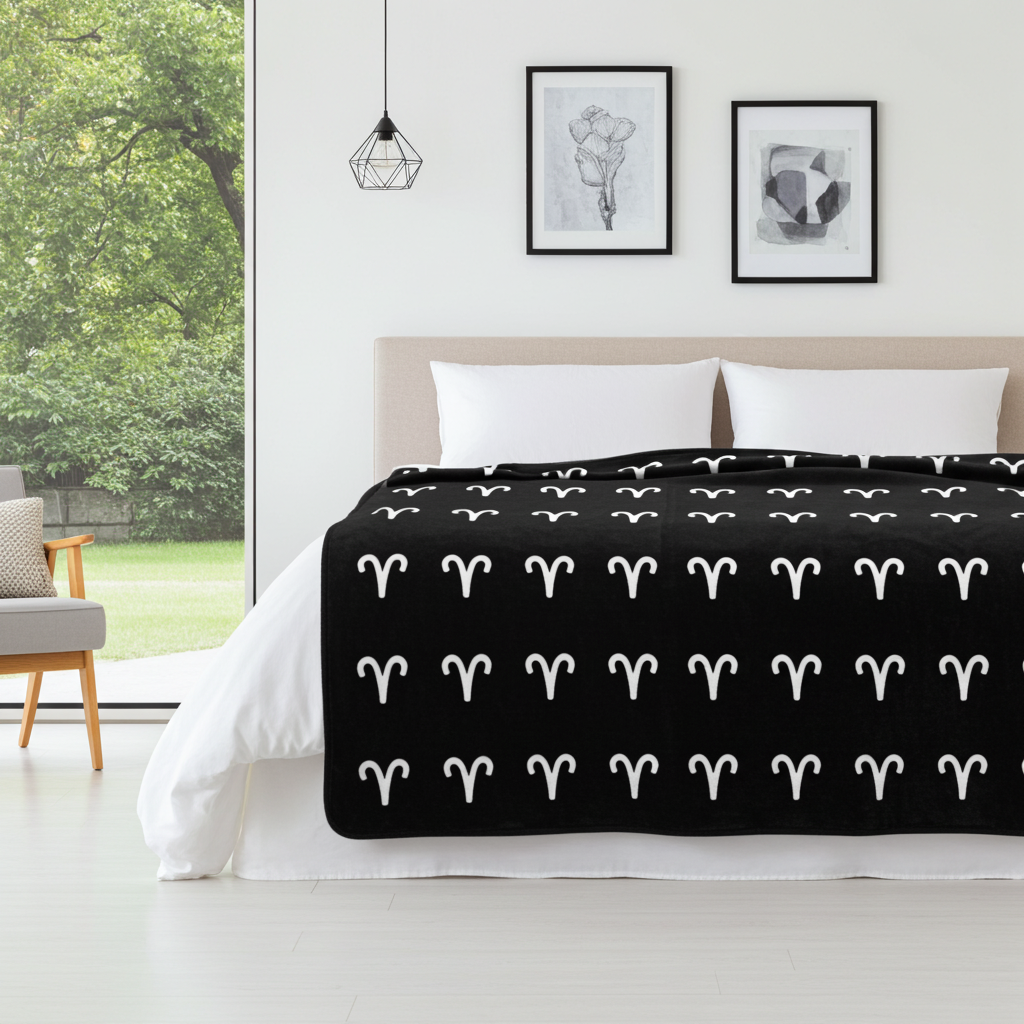 Bed with black blanket featuring white Aries patterns in a modern bedroom.
